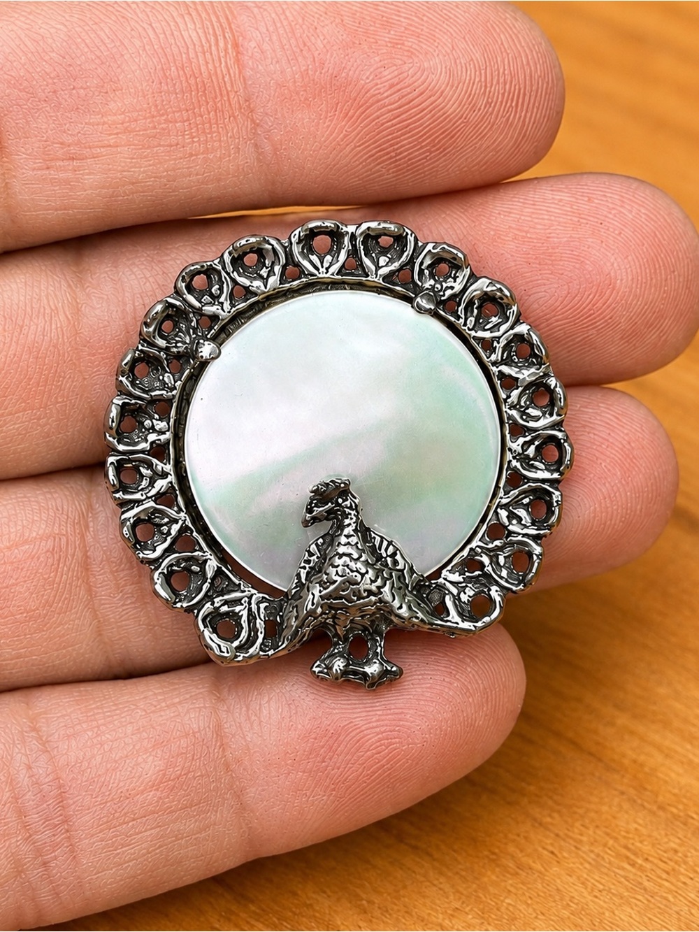 Silver Tone Peacock Brooch Mother of Pearl Shell Inlay Filigree Bird Pin 1.5”